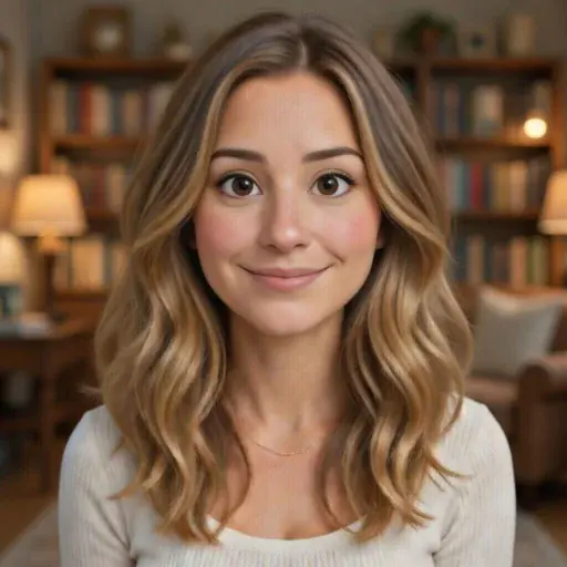 Claire, with wavy blonde hair, in a bookshop café