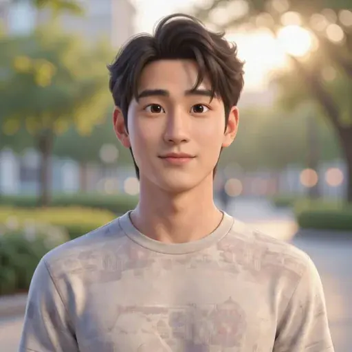 Hajun, in a light sweater, in a park