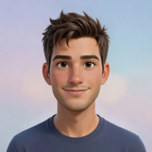 Mike, in a navy T-shirt, under a pastel sky