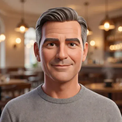 Rick, in a grey sweater, at a restaurant