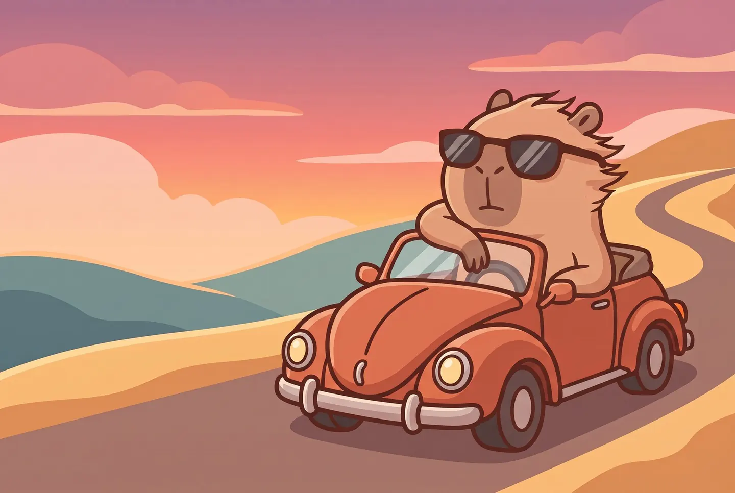 Capi in sunglasses driving an orange convertible down a winding road at sunset.