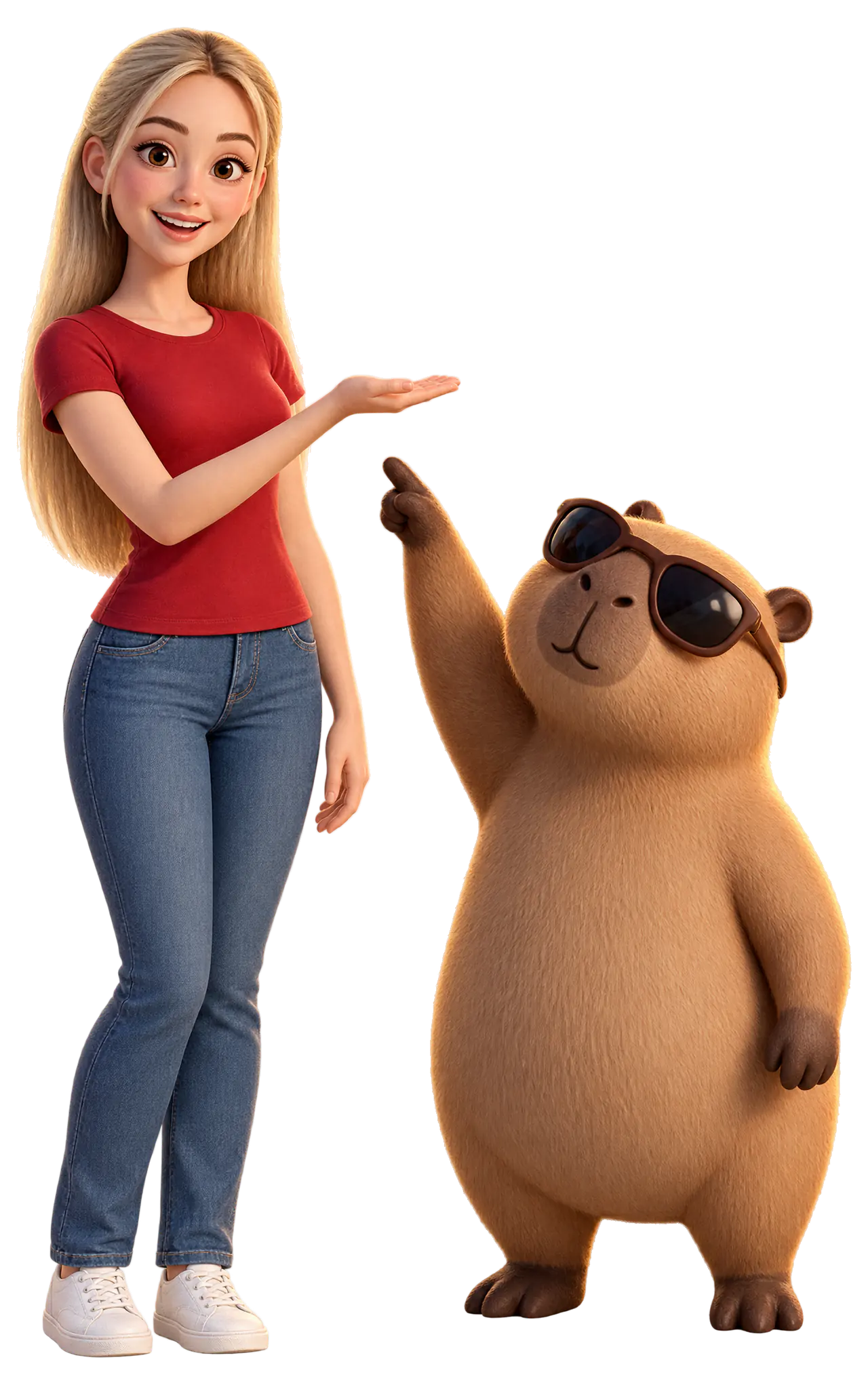 Sofía holds out her open hand under a ringing phone while Capi the capybara points at it