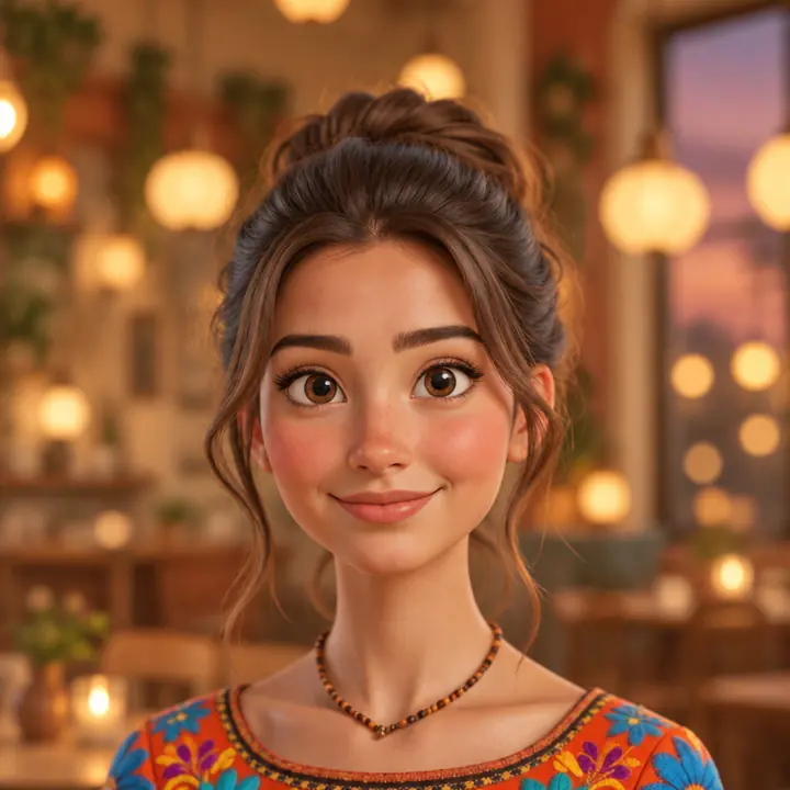 Nina, smiling in a café under warm pendant lights