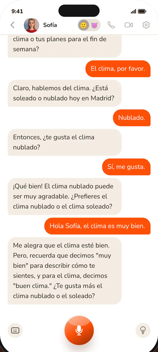 A chat with Sofía in Spanish: the learner’s messages in orange bubbles and her replies with the corrections.