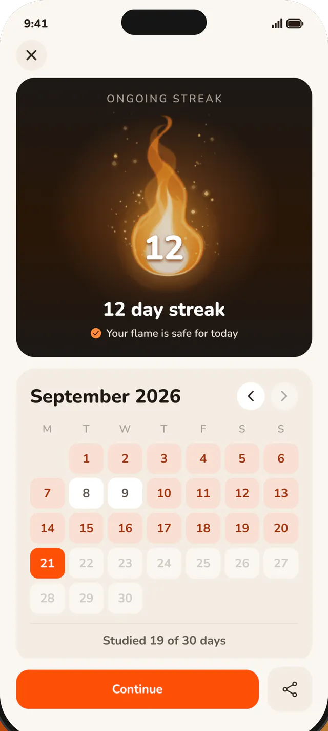 The streak screen: a 12 day streak flame above a calendar of the month.