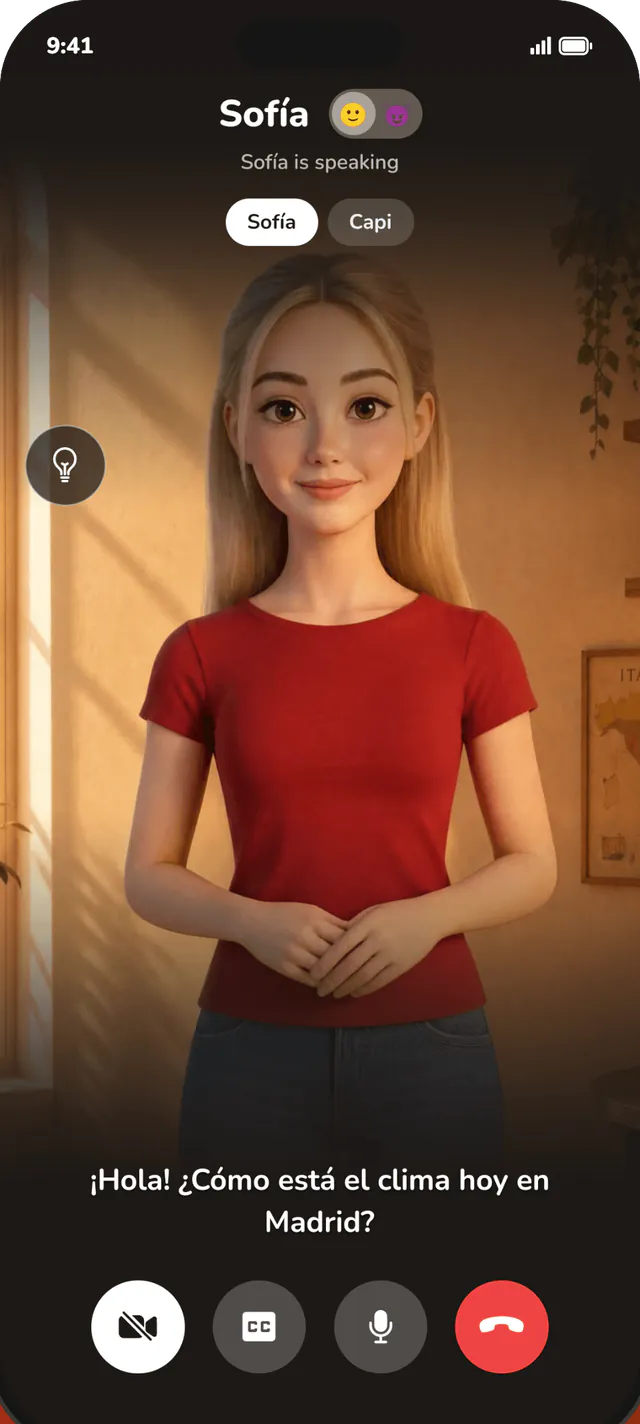 A videocall with Sofía in her room, her words captioned at the bottom of the screen above the call controls.